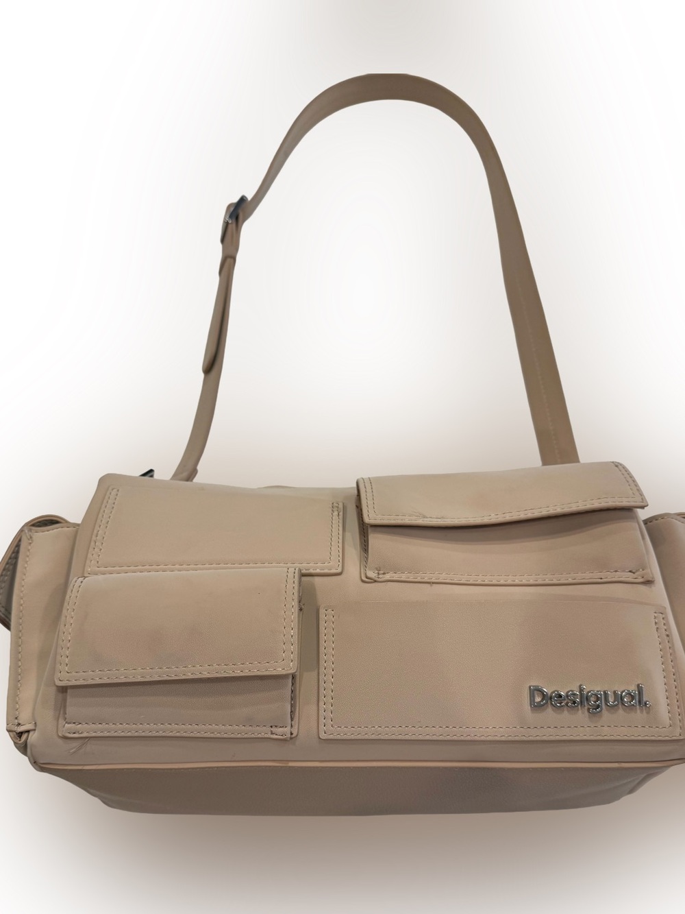 Desigual Muti-Pocket Baguette Raw Beige Top Zip Adjustable Strap NWOT